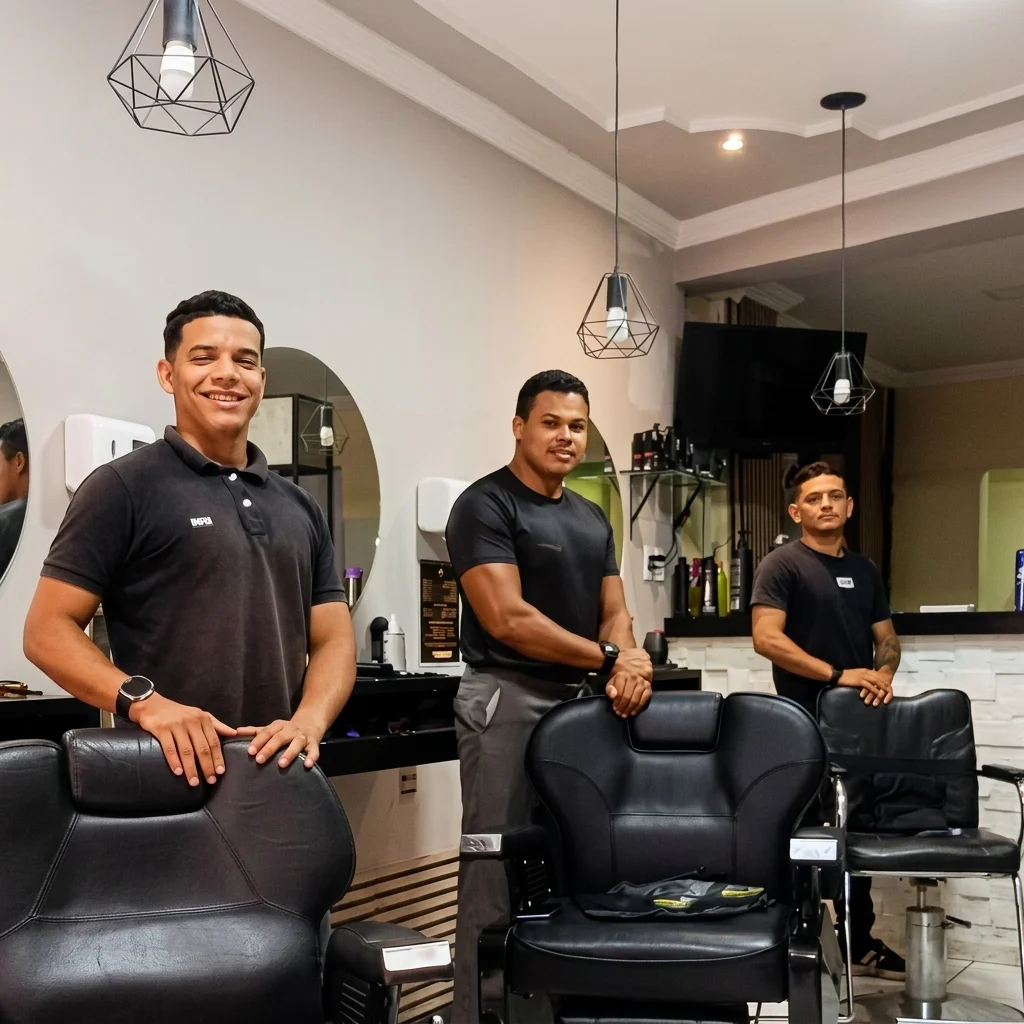 Os três barbeiros da equipe Josef Barbearia posando sorridentes ao lado das cadeiras de atendimento no estabelecimento