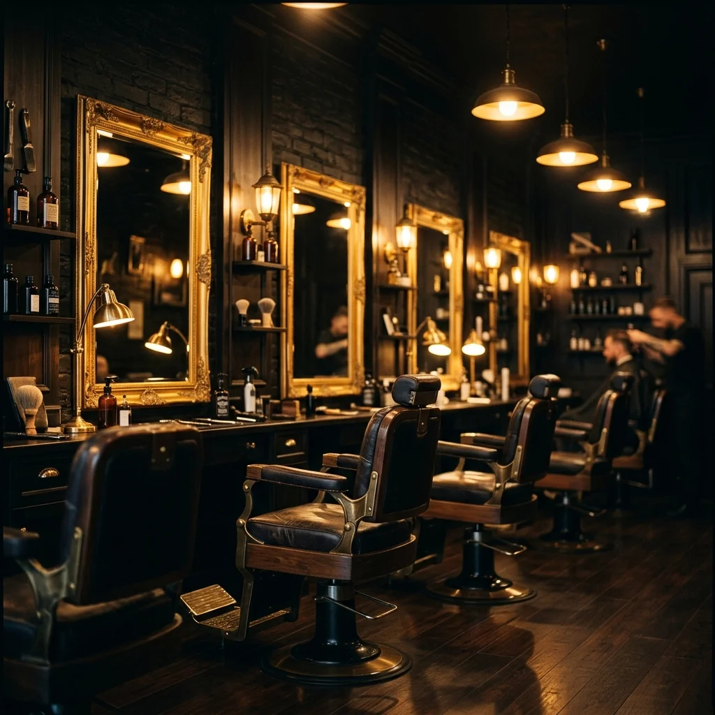 Design de interior premium da Josef Barbearia com iluminação dourada e cadeiras de couro