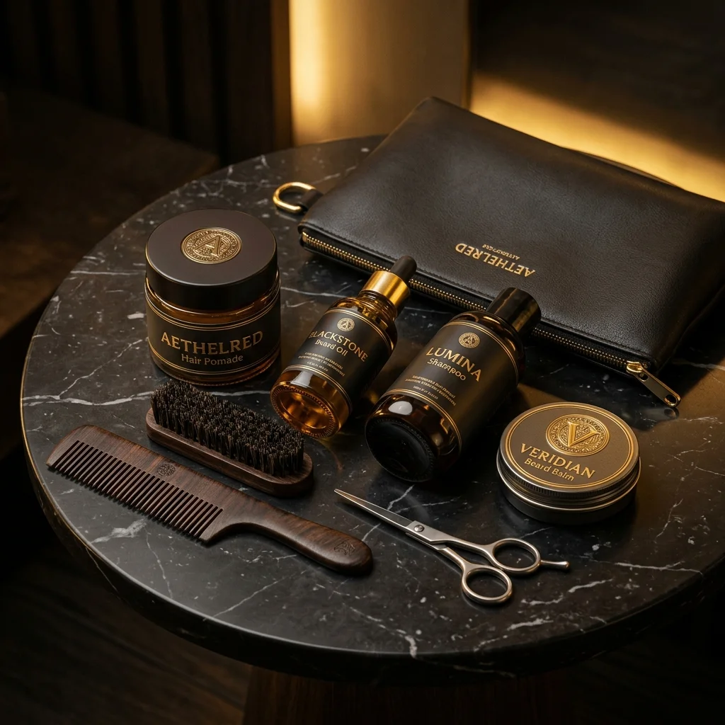 Kit de produtos masculinos premium incluindo pomadas modeladoras, óleos para barba e shampoos